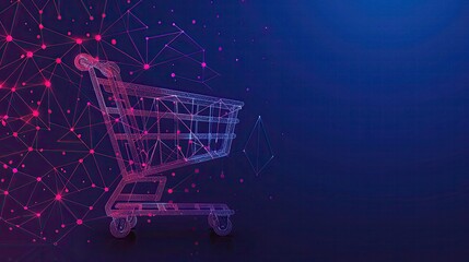 New Retail Concept: Wireframe Illustration of Shopping Cart and Shopping Bag on Technological Background