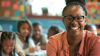 Fototapeta premium charismatic african american female educator engaging with students in a vibrant classroom setting warm lighting emphasizing her welcoming smile