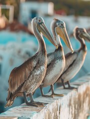 Pelicans Perched on Seaside Wall, Morning Sun Illuminates Feathers, Calm Coastal Backdrop