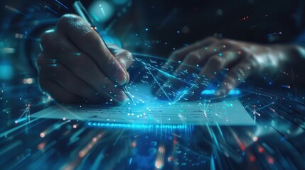 closeup of hands signing a contract with holographic data projections hovering above the document futuristic office setting with sleek surfaces and ambient blue lighting