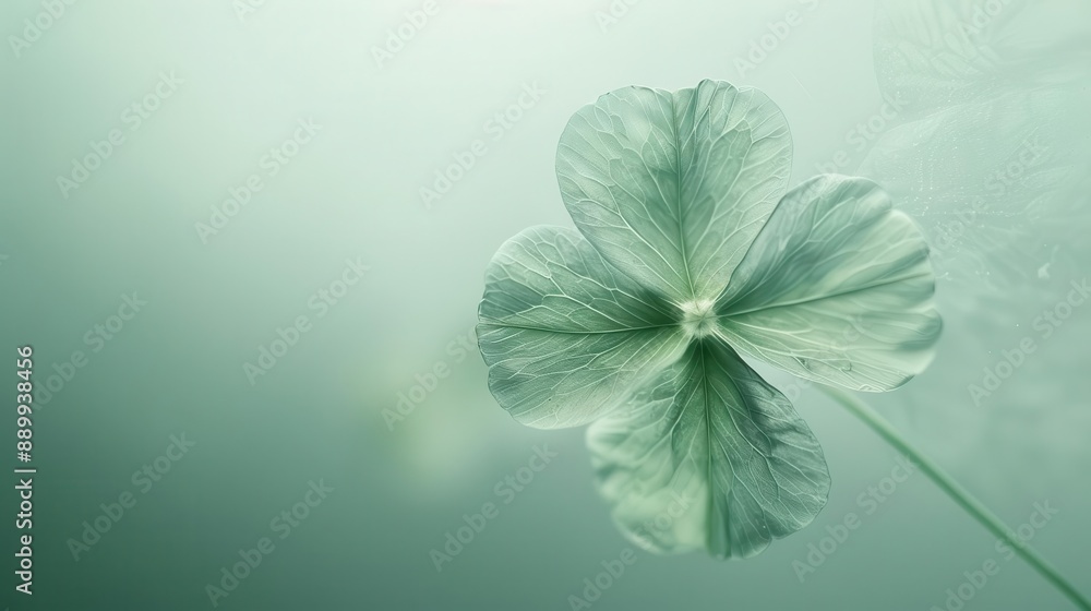 Poster enchanted emerald clover floating in misty white void delicate veins visible soft ethereal glow macr
