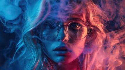 Fototapeta premium ethereal neon portrait blonde model in glasses enveloped by swirling smoke tendrils bathed in vibrant neon hues mysterious ambiance cinematic lighting sharp contrasts
