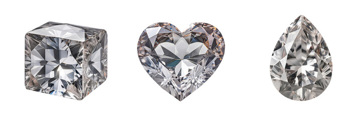 a set of differently cut diamond crystals isolated on transparent background