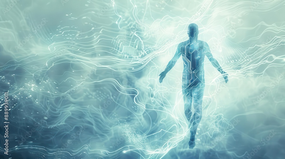 Aufkleber futuristic ai entity emerging from swirling white mist glowing circuitry patterns translucent hologr