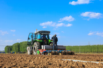 In spring, farmers use farm machinery to grow peanuts