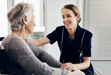 Senior woman, nurse and smile with support for healthcare, empathy or trust in elderly care or...