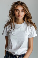 Fototapeta premium White tshirt mockup on woman model created with Generative AI