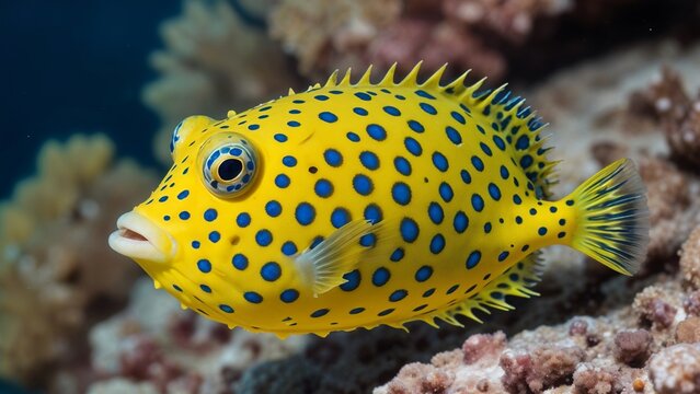Yellow boxfish swimming among coral reefs with a blue ocean background and colorful corals.