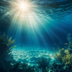 Fototapeta premium Underwater scene featuring fish swimming among coral reefs with sunlight penetrating the blue water.