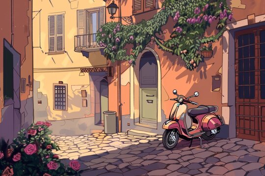 A   ride through narrow Italian streets, passing by historical buildings adorned with ivy and flowers, cozy vibe, Generative AI