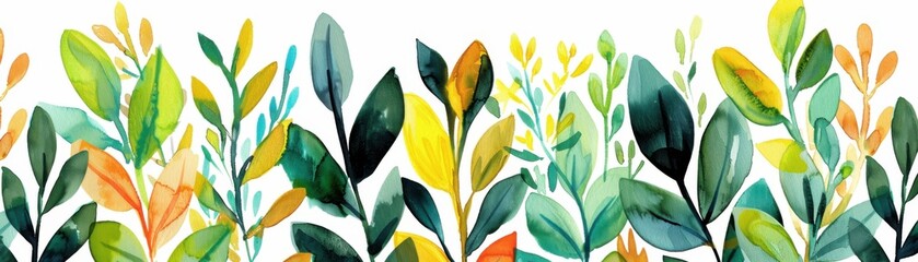 Bright watercolor illustration of colorful leaves and foliage in various shades of green and yellow, creating a vibrant natural pattern.