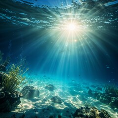 Fototapeta premium Underwater scene featuring fish swimming among coral reefs with sunlight penetrating the blue water. 