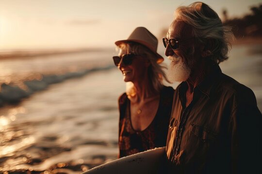 Happy couple of seniors at the beach trying to go surf and having fun together - Generative AI