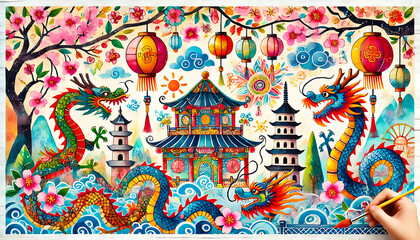 Obraz premium Kindergarten Asian Fantasy Watercolor