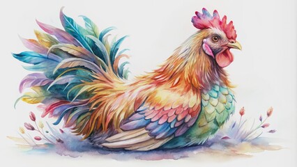 Fototapeta premium Vibrant watercolor illustration of a whimsical chicken perched on a blank white background, featuring soft brushstrokes and delicate feather details in pastel hues.