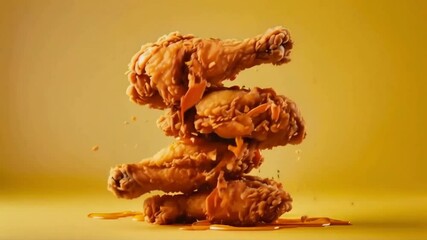 slow motion of falling fried chicken on solid background, food photography