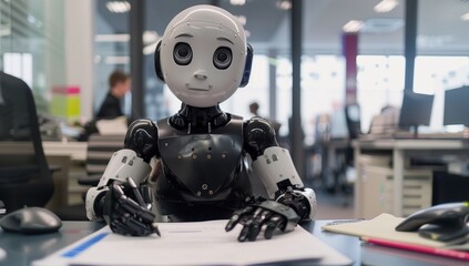 Obraz premium Office-setting humanoid robot writing, highlighting AI integration in work.