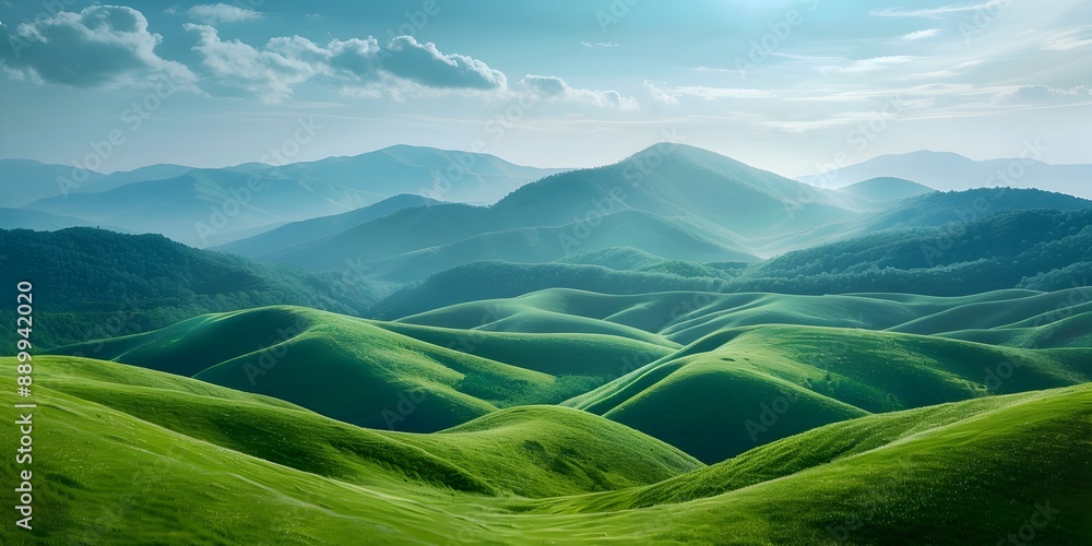 Wall mural majestic mountain range with rolling green hills and pastoral scenery