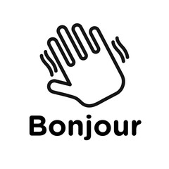 Fototapeta premium Bonjour text with hand wave icon Black line art vector logo