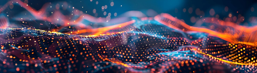 Abstract 3D Background with Wavy Lines and Glowing Particles