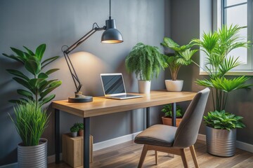 Modern workspace corner features a sleek, low-profile desk, adjustable task lamp, and lush green potted plant, exuding a sense of calm productivity and efficiency.