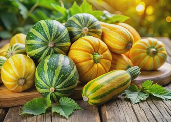 Vibrant yellow and green striped summer squash lies artfully arranged on a rustic wooden table, surrounded by fresh green leaves and warm natural light.