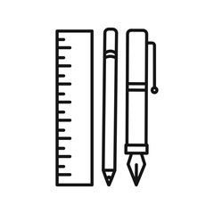 Ruler, pencil and pen icon Black line art vector logo