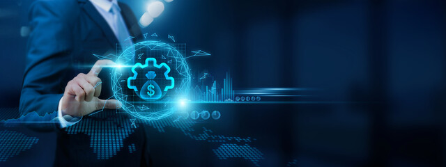 Asset manager analyzing asset-management business data graph, optimizing portfolios and calculating investment data for asset-management growth target and risk assessment.