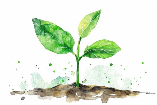 Watercolor illustration of a green seedling sprouting from soil. Freshness, growth, and nature concepts captured beautifully.
