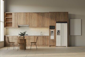 Mock up poster in cozy home interior background, modern scandinavian style kitchen and dining room, 3d render