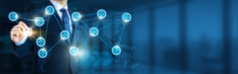 Businessman global structure networking and healthcare integration, Patient care connection, Client service, Medical collaboration and communication network.