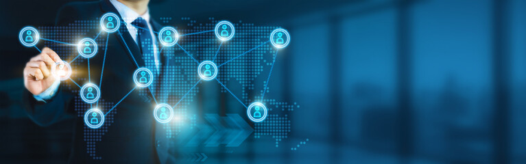Businessman global structure networking and human resources connection, synergy, and development for organizational success.