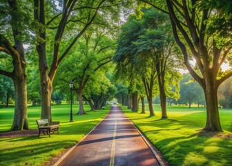 Obraz premium Serene atmosphere in a lush green park with a worn jogging path, leading to a distant trees, evoking a sense of exercise and healthy aging.