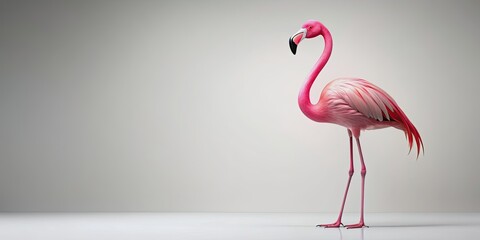 Fototapeta premium A bright pink flamingo stands tall on a simple 3D white background, its long neck and legs in subtle shade, creating a playful and whimsical atmosphere.