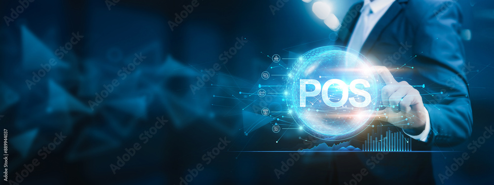 Poster businessman hold circle of network structure for point of sale (pos) concept. management and integra
