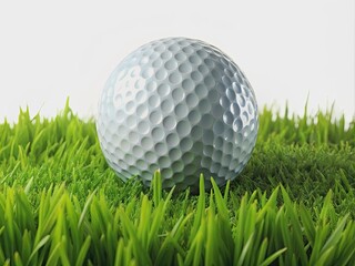 A single golf ball rests on a lush, vibrant green grass field, isolated on a clean white background, emphasizing its bright white dimpled surface.