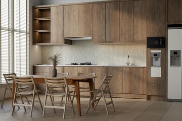 cozy home interior background, modern scandinavian style kitchen and dining room, 3d render