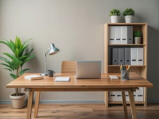A clutter-free wooden desk with papers, folders, and a laptop, surrounded by neutral-colored walls, symbolizing a serene and organized financial planning environment.