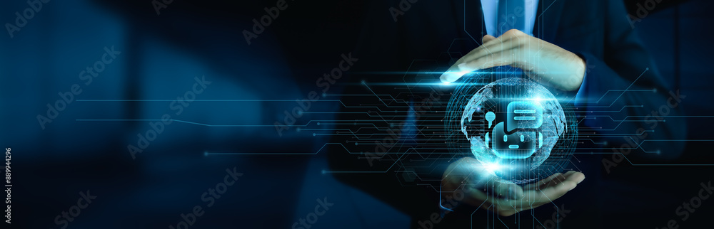 Poster chatbots, artificial intelligence technology, businessman using chatbot technology on global network