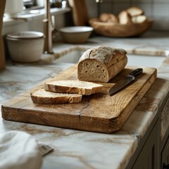 A loaf of bread and a knife on a wooden cutting board. The background is a marble countertop with a sink and faucet.