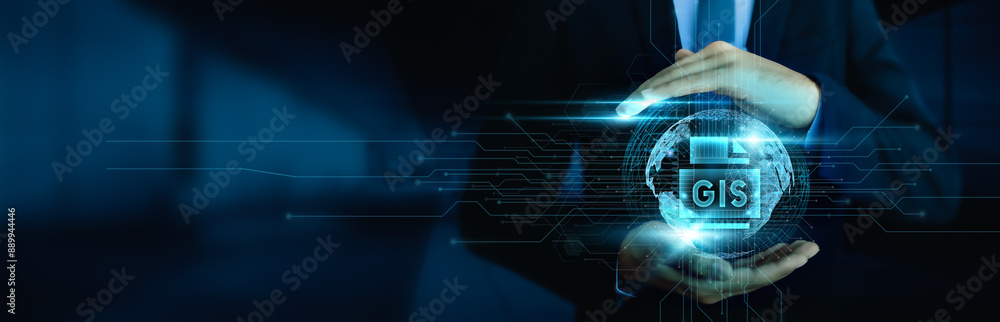 Poster geographic information systems (gis), advanced technology, businessman using of gis technology on a 