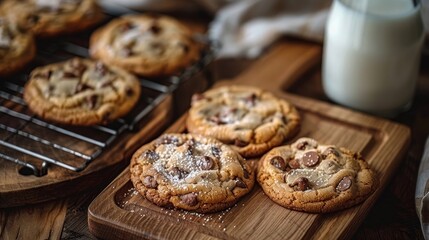 Freshly baked chocolate chip cookies on a wooden table