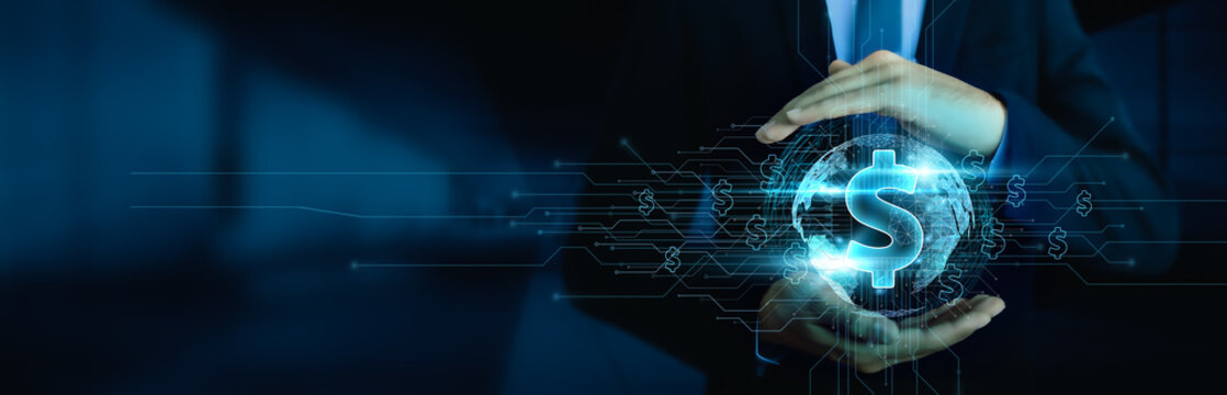 Financial Services, Utilization of financial technology by a businessman across a worldwide network, encompassing banking and transactions, international finance and currency investments. - Powered by Adobe