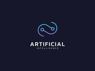 Artificial intelligence with circuit board lines twisted infinity symbol technology Analysis logo vector design concept. AI technology logotype for advance technology, tech company, ui, web, identity.