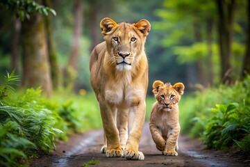 Obraz premium Lioness and Cub Walking Through Forest.