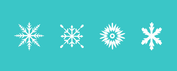 Four different snowflake designs are displayed on a turquoise background.