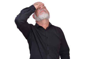 portrait business man with bald white beard facial expression feeling pain fashion image model isolated on white transparent background