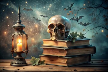 Skull and Books Under a Night Sky.