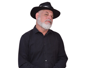 portrait business man with white beard bald facial expression wearing hat fashion image isolated on white transparent background