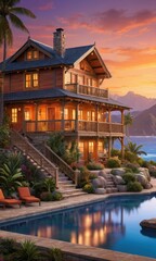 Obraz premium Luxury Cabin with Pool Overlooking Sunset Ocean View.